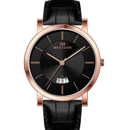 WESTERN W7177GPP010C – Men's Rose Gold Watch with Black Dial & Leather Strap