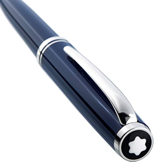 Blue pen with silver accents on a white background