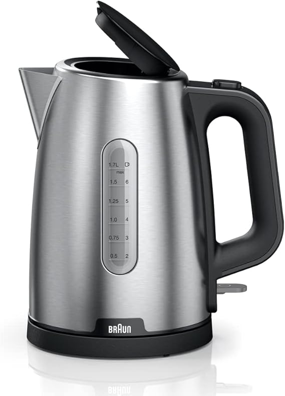 Braun PurShine Water Kettle, 2200 Watts, 1.7L Capacity, Stainless Steel/Black – WK 1500