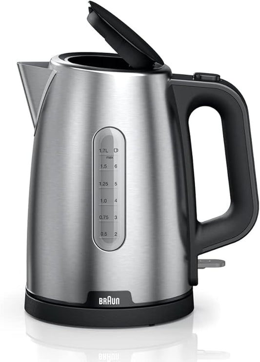 Braun PurShine Water Kettle, 2200 Watts, 1.7L Capacity, Stainless Steel/Black – WK 1500