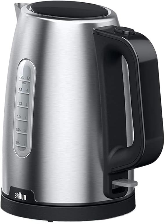 Braun PurShine Water Kettle, 2200 Watts, 1.7L Capacity, Stainless Steel/Black – WK 1500