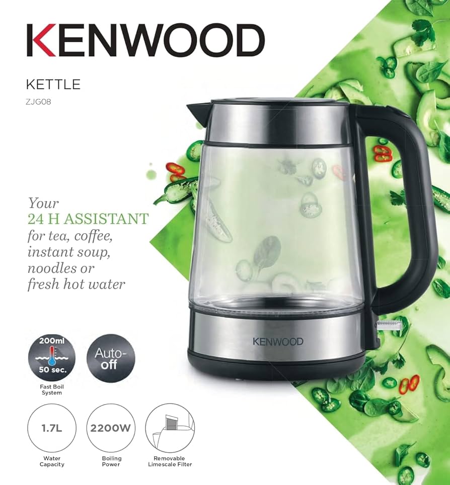 KETTLE KENWOOD Glass Kettle 1.7L Electric Kettle 2200W Clear/Silver/Black - ZJG08
