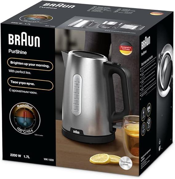 Braun PurShine Water Kettle, 2200 Watts, 1.7L Capacity, Stainless Steel/Black – WK 1500