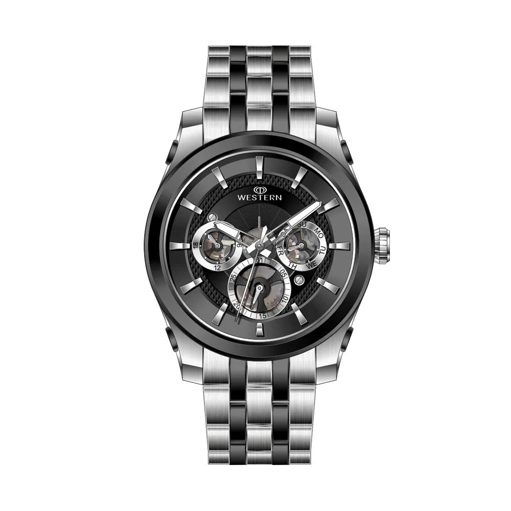 WESTERN W1829GSB010C – Men’s Classic Silver Watch with Black Dial