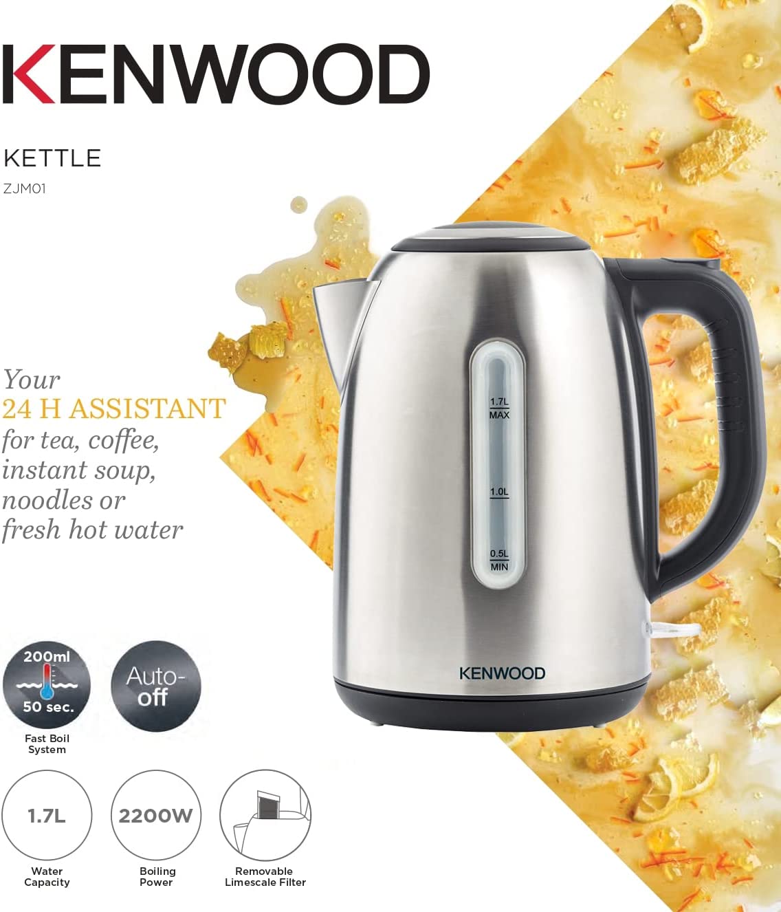 Kenwood Stainless Steel Cordless Kettle, 2200 Watts, 1.7L Capacity  – ZJM01
